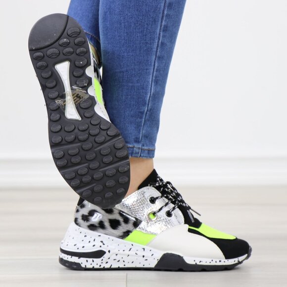 Multicolor Chunky Sneakers Neon Yellow Silver Animal Print Rugged Sole - Picture 7 of 14